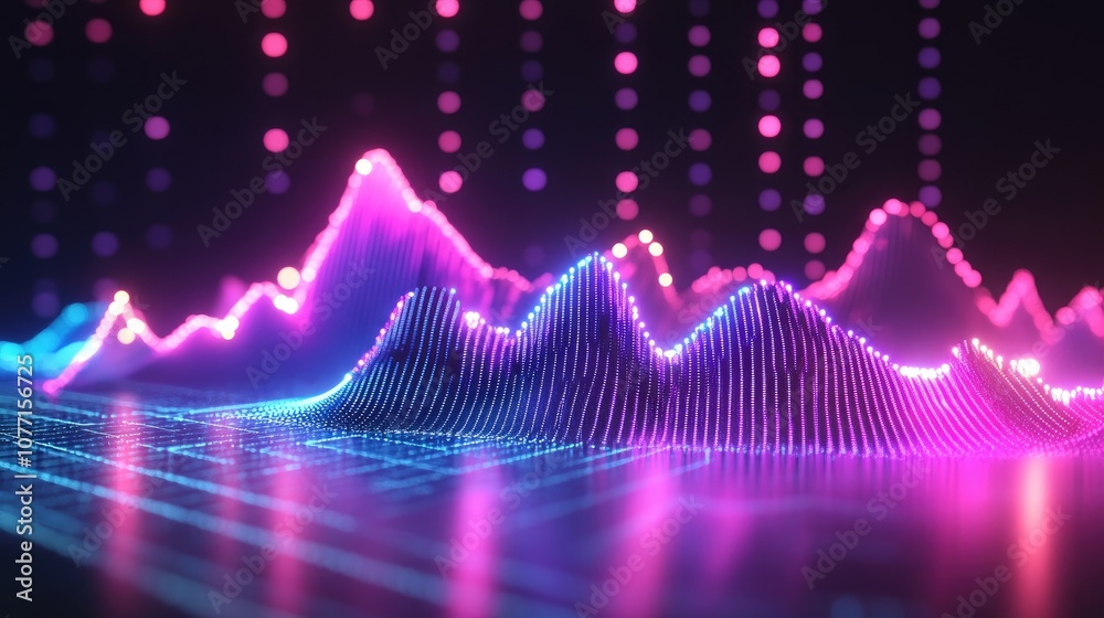 Poster abstract visualization of colorful digital waveform representing sound frequencies in neon colors wi