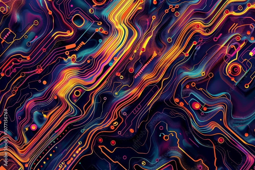 Poster vibrant lines and dots create an abstract background resembling a circuit board pattern, vibrant col