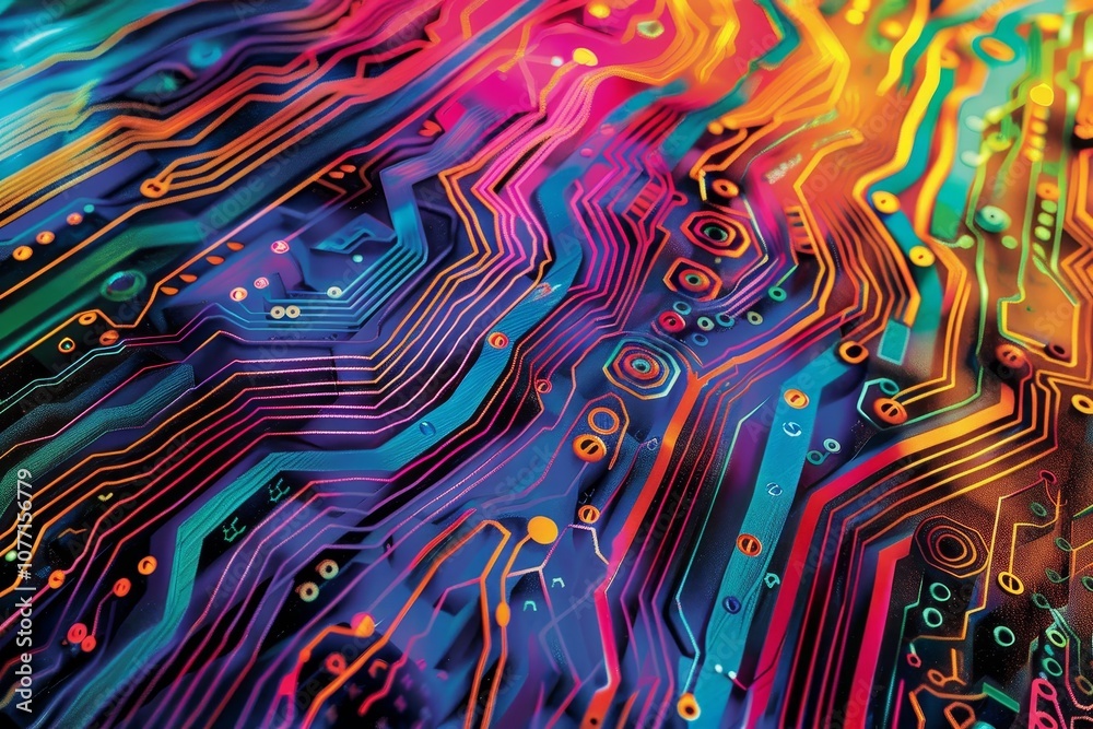 Poster detailed view of a computer circuit board with vibrant swirling colors and intricate patterns, vibra