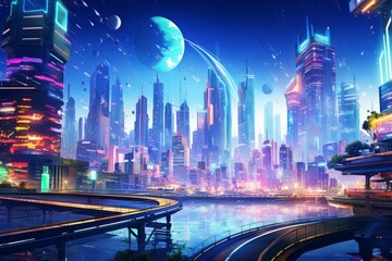 A futuristic cityscape illuminated by vibrant neon colors, with advanced skyscrapers, flying cars, and holographic advertisements, blending technology with bright, vivid hues