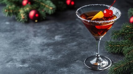 A classic Manhattan with rye whiskey, sweet vermouth, and bitters, served in a festive glass with a cherry and an orange twist