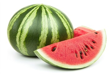 Fresh whole watermelon with sliced piece on white