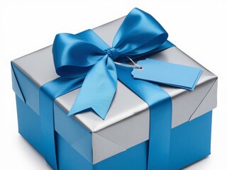 Elegant Blue and Silver Gift Box with Satin Bow and Gift Tag on White Surface, Perfect for Celebrations and Special Occasions