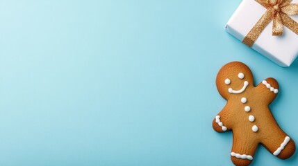 Fototapeta premium Festive gingerbread man cookie beside a beautifully wrapped gift box on a cheerful blue background, perfect for Christmas celebrations
