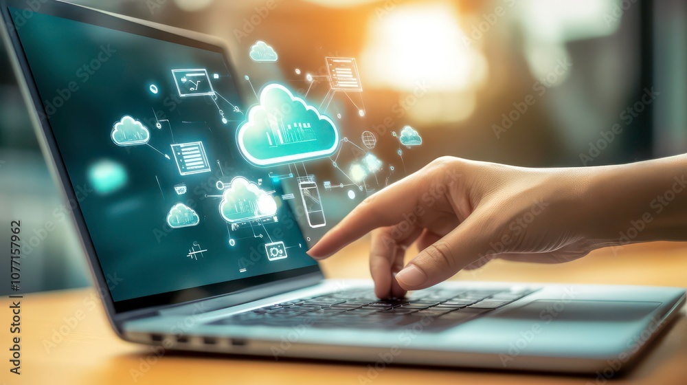 Aufkleber Hand interacting with a laptop screen displaying a cloud computing network.