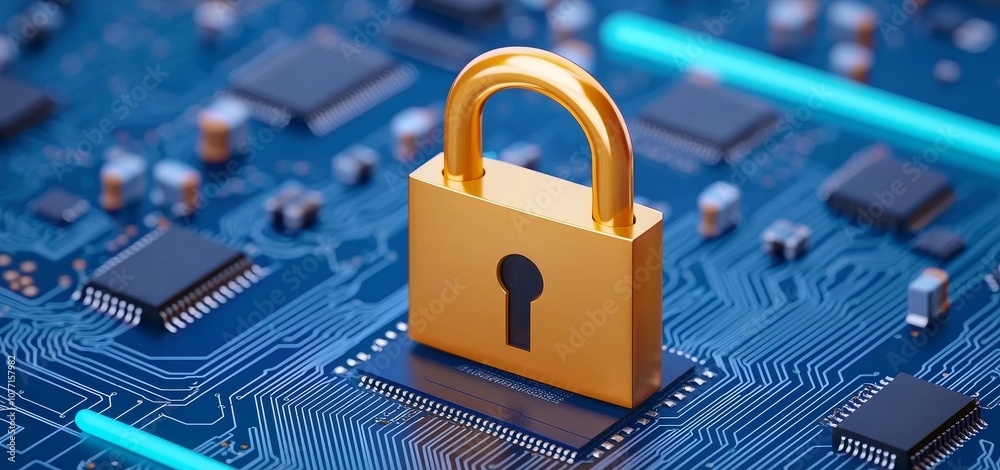 Poster a cybersecurity service concept that includes a motherboard and safety authentication network, as we