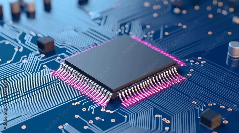 Poster 3d rendered image of cpu chip on motherboard with microchips and other computer components