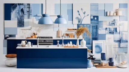 mood board collage design interior kitchen white and blue colours kitchen island