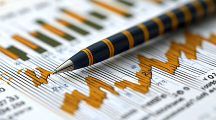 Analytical scrutiny of glowing stock graphs with close up view of pen. image captures essence of financial analysis and market trends