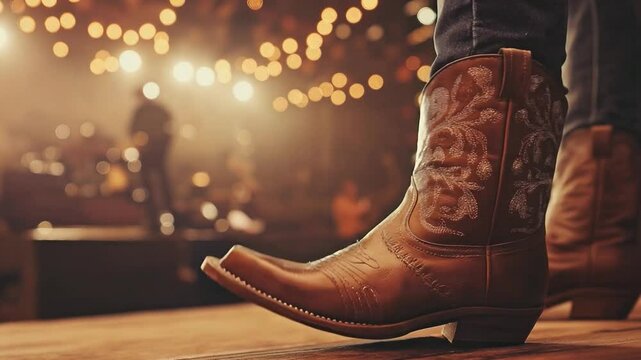 Closeup of stylish cowboy boots during performance at a vibrant festival of country music in the evening