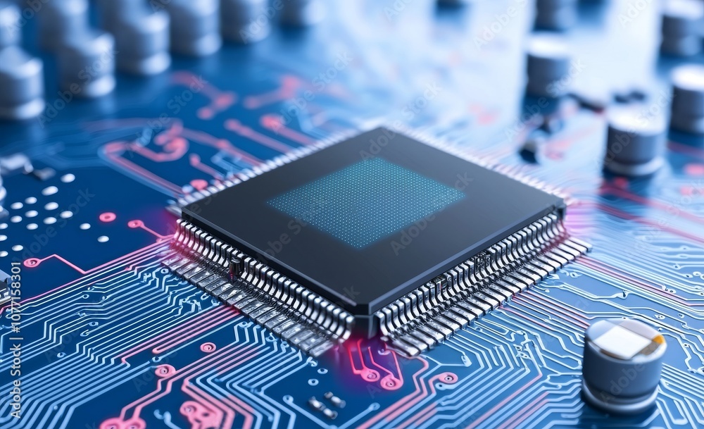 Poster virtual reality illustration of a futuristic computer. quantum processors in a global computer netwo