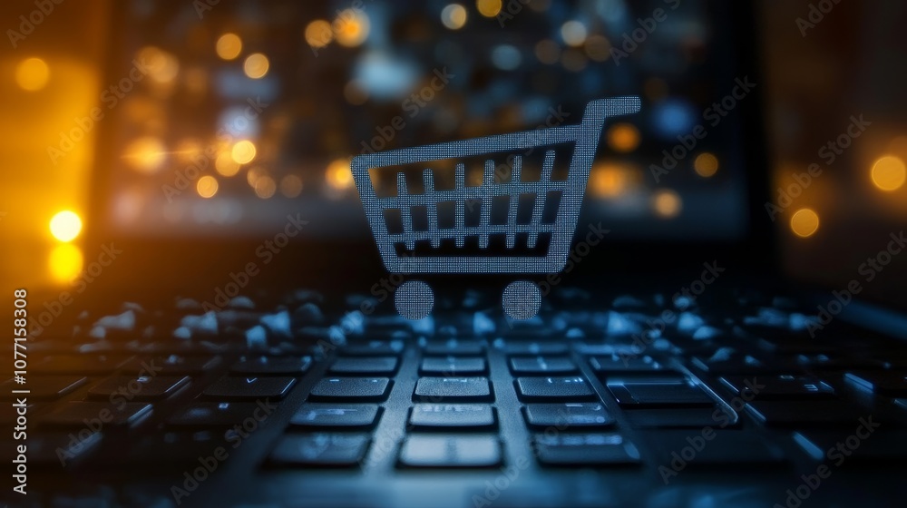 Poster Shopping cart icon is displayed over a laptop keyboard with a blurred background, representing the concept of online shopping and e commerce