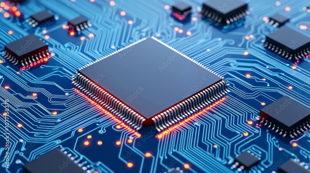 Poster this image illustrates a concept for advanced technology, presenting circuit board cpu processor mic