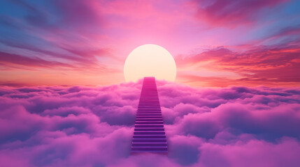 Fototapeta premium A staircase leading up to a bright sun in a pink and blue sky.