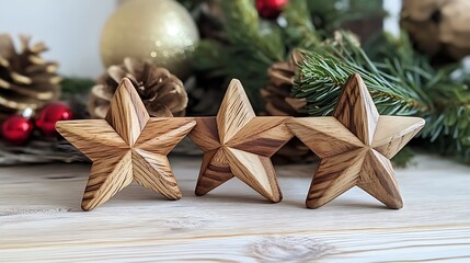 Three wooden stars on a white wood surface with Christmas decor in the background.