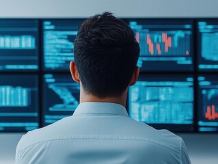 Trader using AI dashboard to visualize financial goals, modern office environment, open and bright