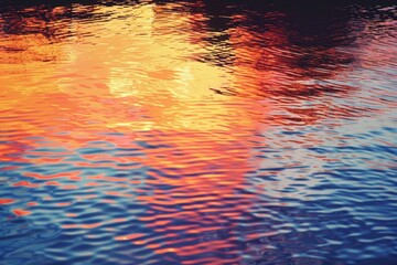 A boat peacefully gliding on vibrant water with colorful sunset reflections, Vibrant sunset colors reflecting on the water
