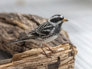 Striking Black and White Bird with Yellow Beak Perched on Rustic Weathered Wood