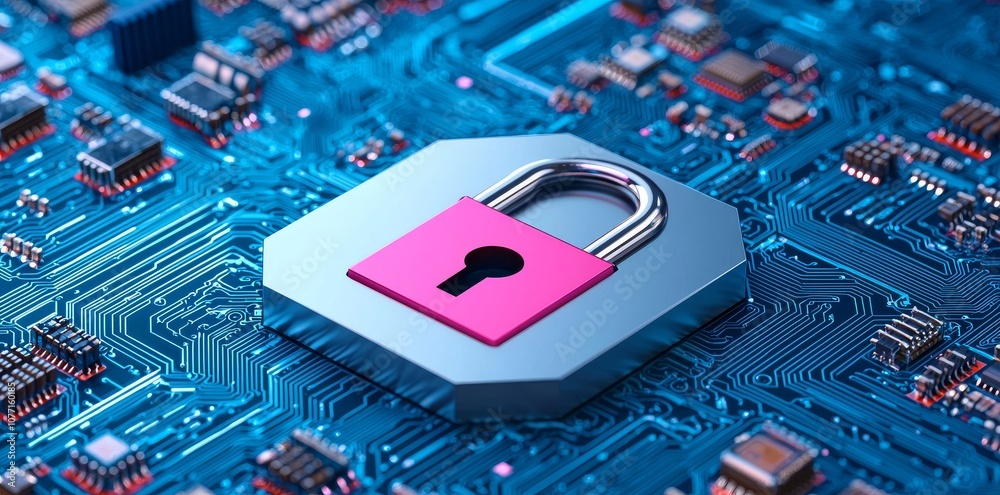 Poster concept of safety protection and privacy with digital padlock in shield over abstract dark backgroun