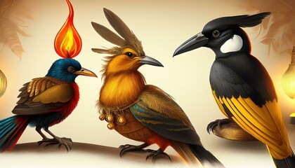 Fototapeta premium Mystical Birds of India: A Golden Oriole, Fierce Kingfisher, and Majestic Crow with Flaming Lamp
