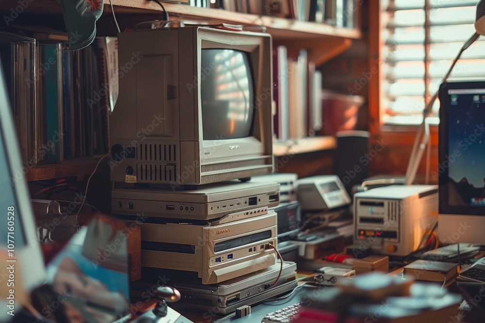 Poster An old computer rests on top of a desk with a stack of floppy disks next to it, Vintage computer setup with a stack of floppy disks