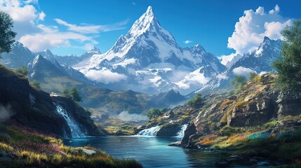 Fototapeta premium Majestic mountain range, clear skies, solitude, untouched beauty, fresh air.