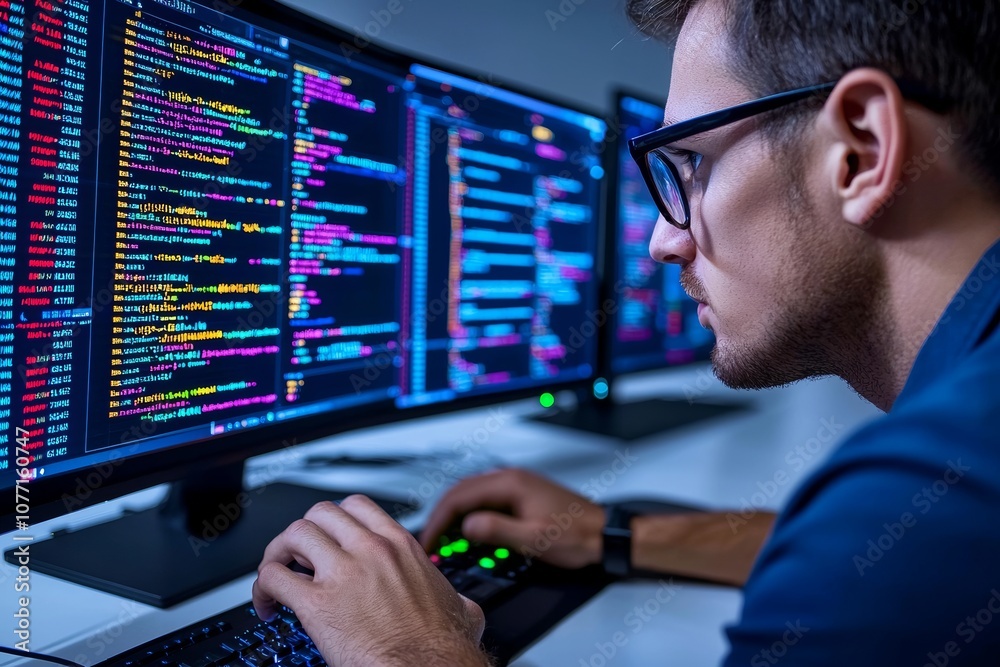 Poster programmer or person in glasses or screen reflection, programming stats and cybersecurity research. 