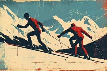 Naklejka premium Two skiers in vintage style outfits are skiing down a snow-covered hill, Vintage-style posters featuring retro skiers in classic cross-country poses