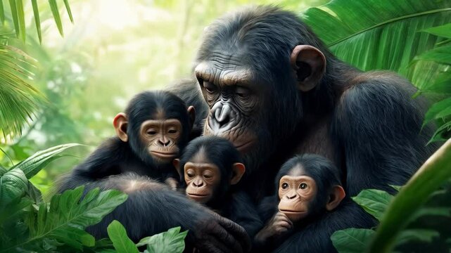 A family of chimpanzees shares a tender moment in a lush jungle environment during a sunny afternoon