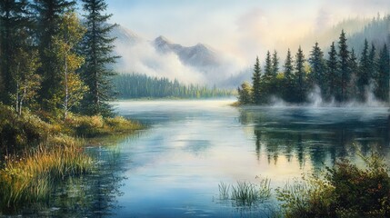 Mountain lake, calm waters, surrounding trees, quiet morning light, serene view.