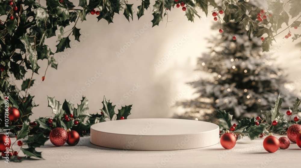 Poster a circular platform is set against a backdrop of christmas decorations, including holly and red orna