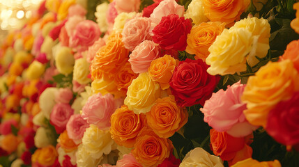 Obraz premium Vibrant artificial flowers in various colors create stunning vintage style wall backdrop, perfect for events or photography. arrangement features roses in shades of red, pink, yellow, and orange,