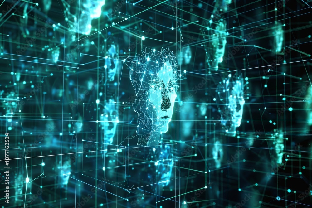 Poster A womans face enclosed by a pattern of blue lines on a digital interface, Visualization of a digital interface with a grid of faces connected by virtual lines