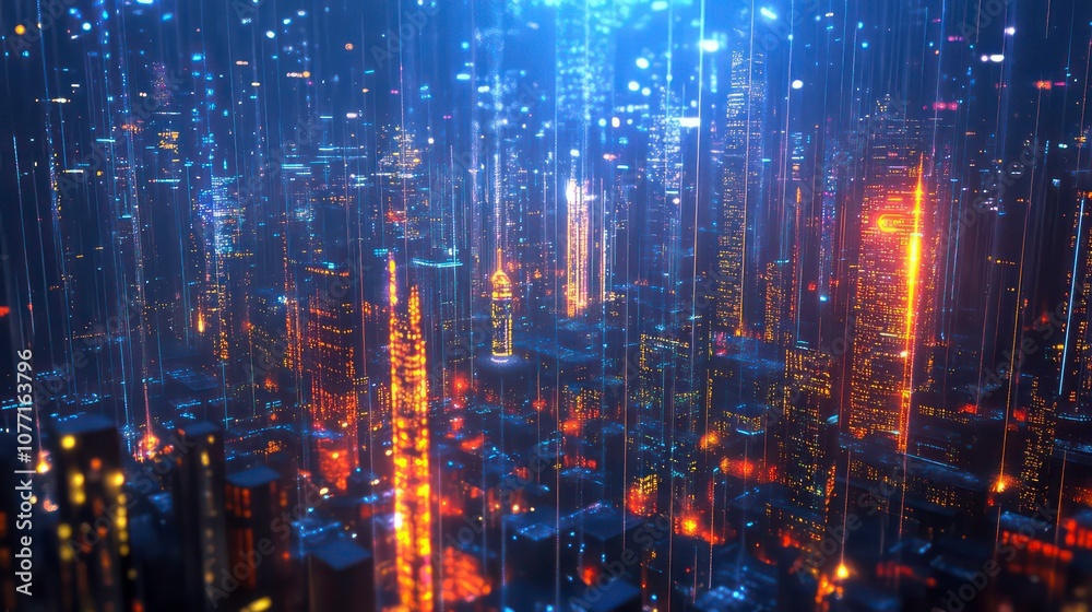 Poster city skyline with illuminated highways and digital network connections at dusk.