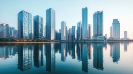 Naklejka premium Chicago skyline by Lake Michigan, modern skyscrapers reflecting in water, clear sunny day