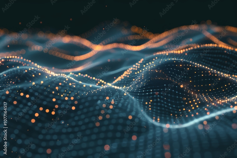 Fototapete A wave of light pulses through a fluid mosaic of interconnected data, creating a dynamic display of energy, Visualize a fluid mosaic of interconnected data points