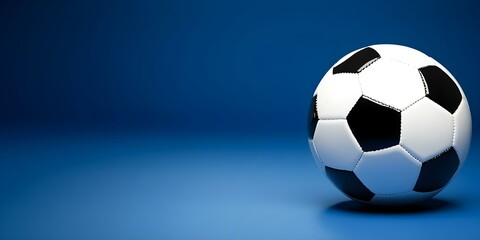 Naklejka premium A dynamic football icon placed on the right side, set apart on a panoramic blue background with room for text --ar 3:2 --s 50