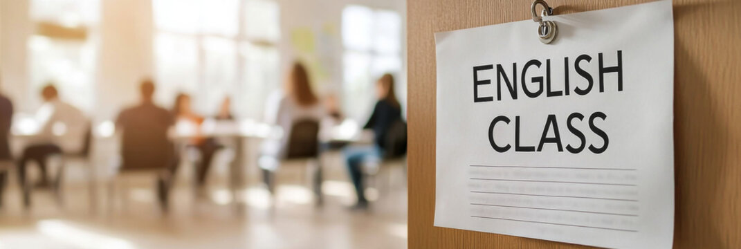 Classroom scene with English lesson sign on door, educational background