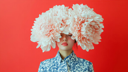 Naklejka premium A Surreal Portrait of a Woman With Oversized Floral Headpiece Against a Bold Red Background