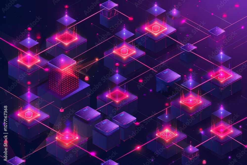 Poster purple and pink abstract background featuring geometric shapes of squares and cubes, visualize the p