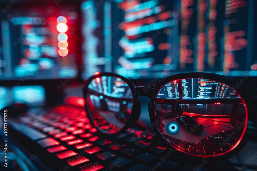 Poster pair of glasses resting on top of a computer keyboard, visualize the potential risks of neglecting d