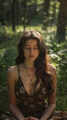 Naklejka premium This serene scene captures a young woman meditating in nature, bathed in natural light with glowing skin, radiating balance and calm, glow from inside
