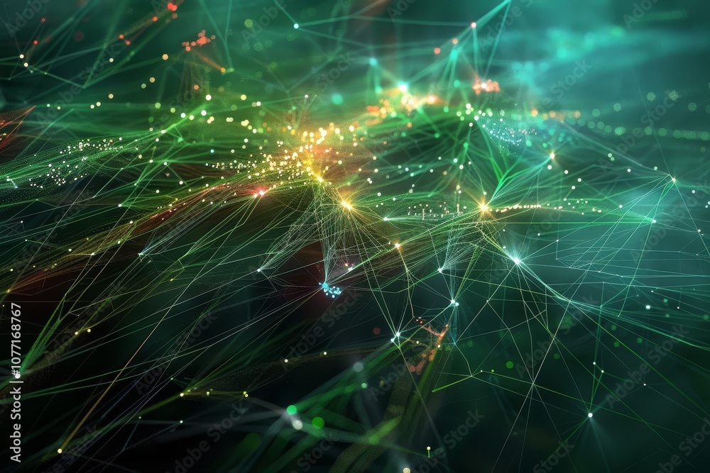 Poster Abstract background featuring intersecting lines and dots in a digital network concept, Visualizing internet traffic in a digital network