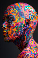 Obraz premium Vibrant Portrait of a Person With Intricate Psychedelic Body Art Against a Dark Background