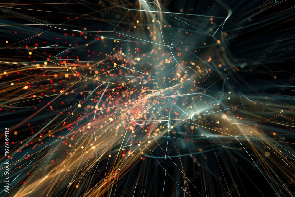 Poster computer-generated lines and dots illustrate the flow of information in a digital network, visualizi