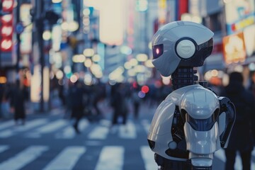 Fototapeta premium A robot is upright in an urban street setting, Visualizing the concept of AI in everyday life