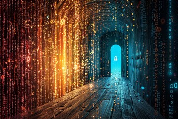 Tunnel with a lock positioned in the middle, representing the concept of encryption and protection of data, Visualizing the concept of encryption to protect data from unauthorized access