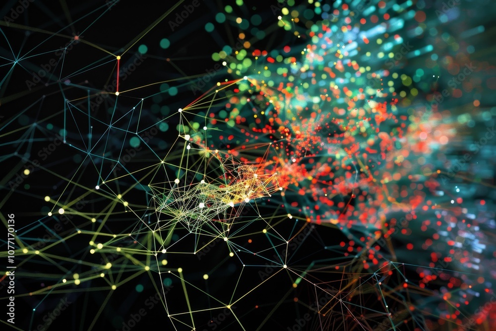 Poster abstract background featuring vibrant colors, lines, and dots in a network pattern, illustrating the