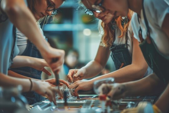 People gathered around a table, cutting various foods as part of a hands-on learning activity, Visualizing the importance of hands-on learning in STEM fields
