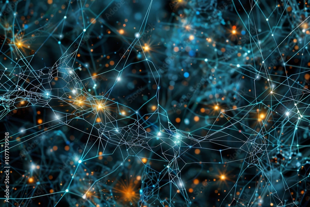 Poster computer generated visualization of a complex network of connected lines, visualizing the invisible 